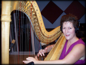 Martha Bush on harp at Eclipse Recording Studio